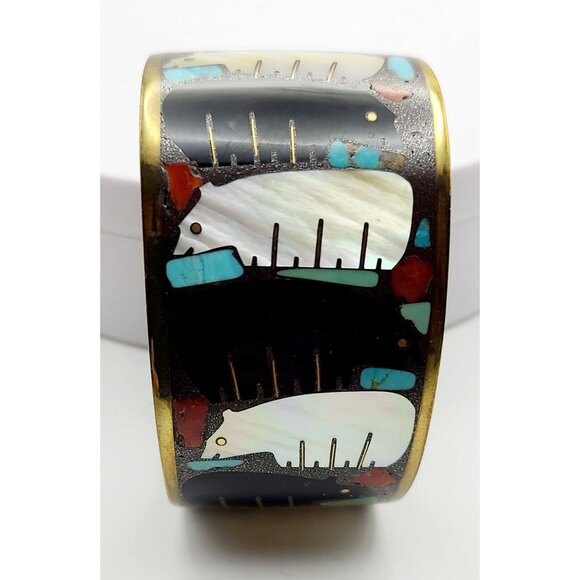 Vintage Andrew Shows Handcrafted Brass Cuff Bracelet W/ Bear Design Rare Unique - Picture 1 of 16